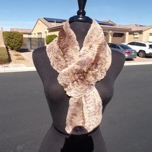 brown/tan knit RABBIT FUR scarf boa wrap collar
